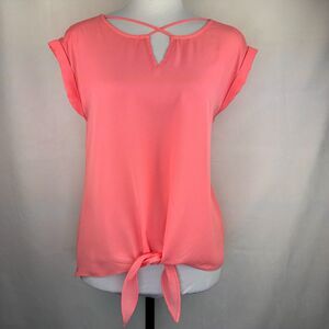 By & By Ladies Top Sz S Coral Sheer Boat Neckline Front Tie Cap Short Sleeves